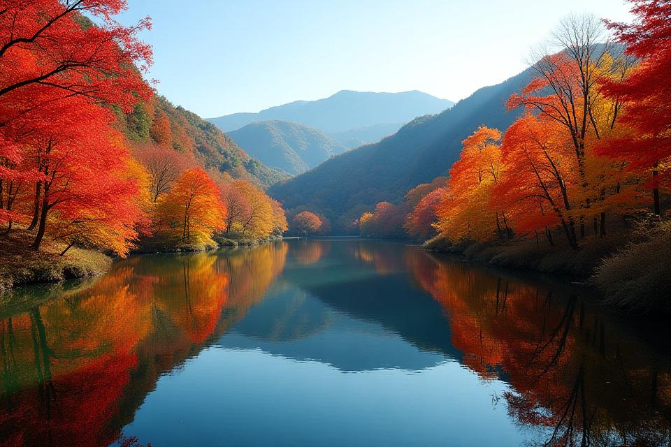 秋の紅葉が湖に映る美しい景色