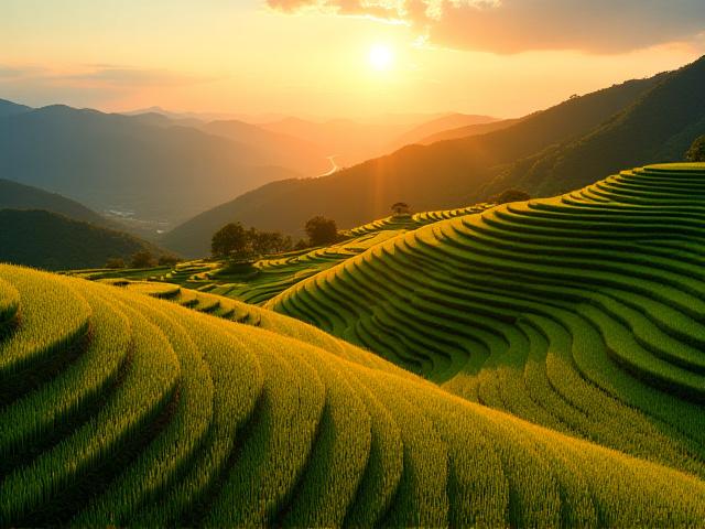 黄金色の田んぼと夕日の時間