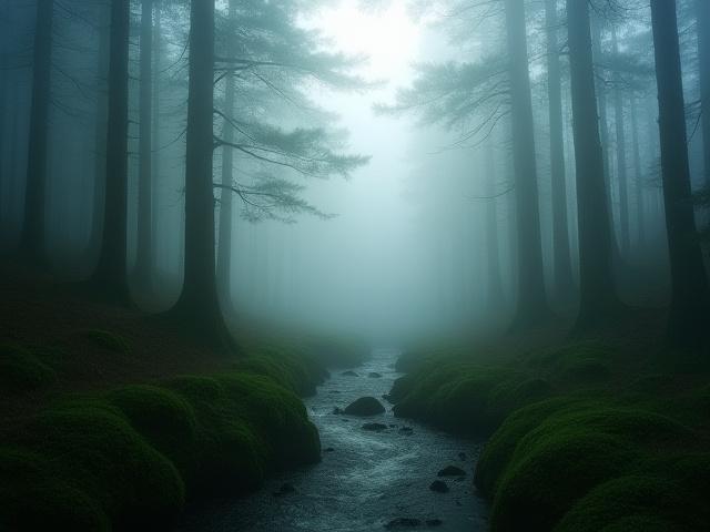 霧に包まれた森と流れる小川