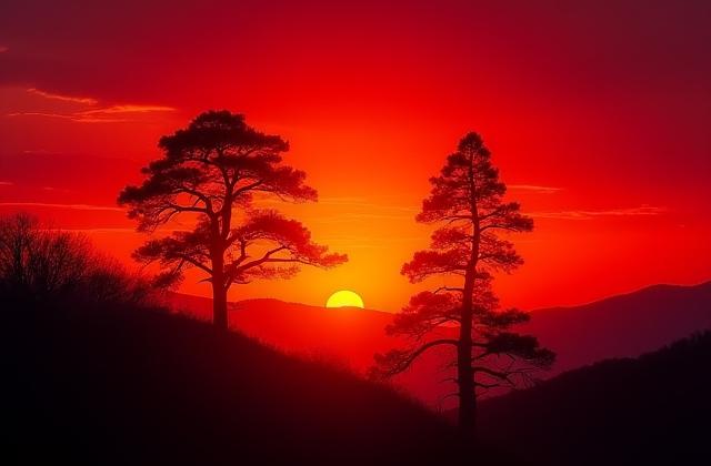 夕焼けに染まる木のシルエット