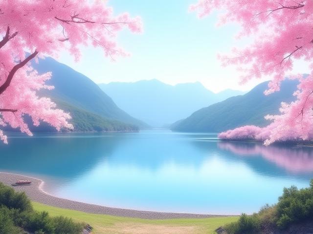 桜と湖、日本の風景