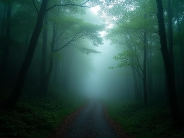 霧に包まれた森の小道