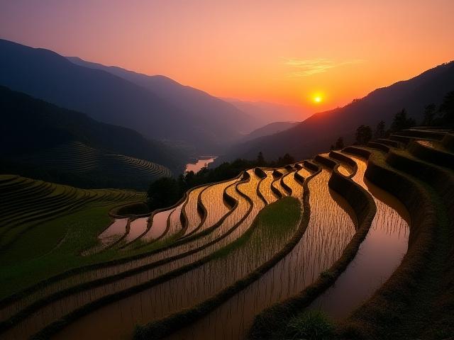 静かな棚田、夕暮れ