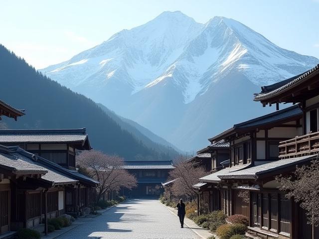 伝統的な日本の村、山を背景に