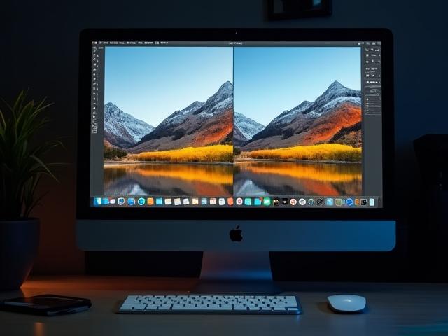 写真編集ソフトウェアの画面、ビフォーアフターの分割