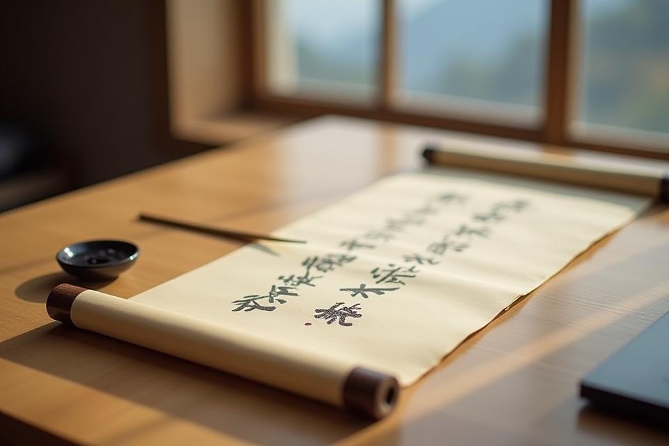 日本の美しい風景を背景にした古風な巻物とペン